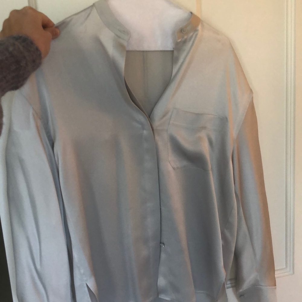 Vince XS silver silk button down. Never worn, but tag off.